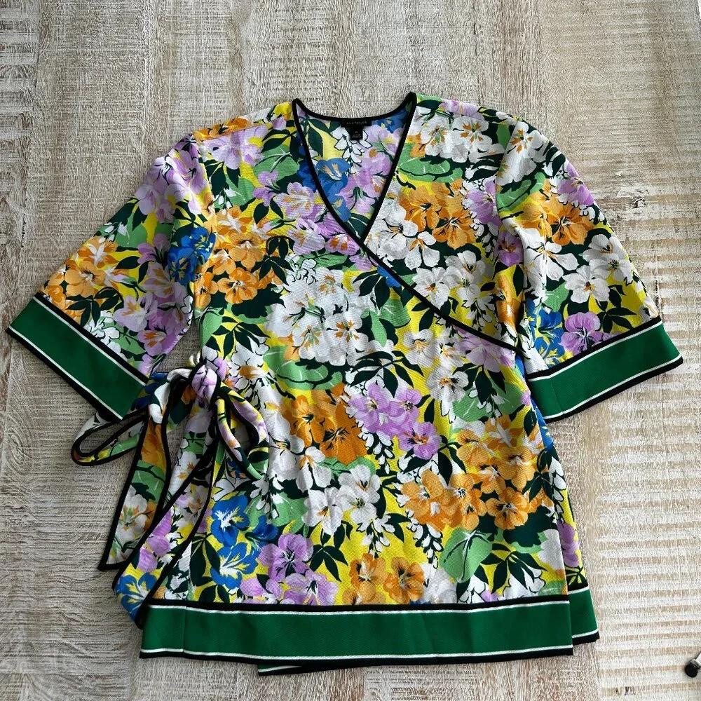 Ann Taylor Blooming Floral Spring Garden Kimono Top Wrap Blouse Shirt XS or S